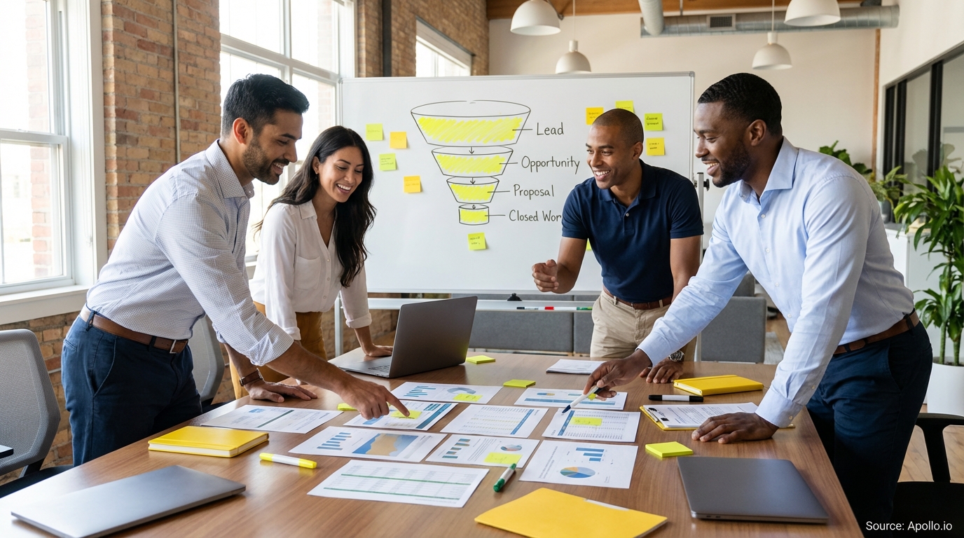 Sales professionals discussing strategy around a conference table evaluating sales technology options