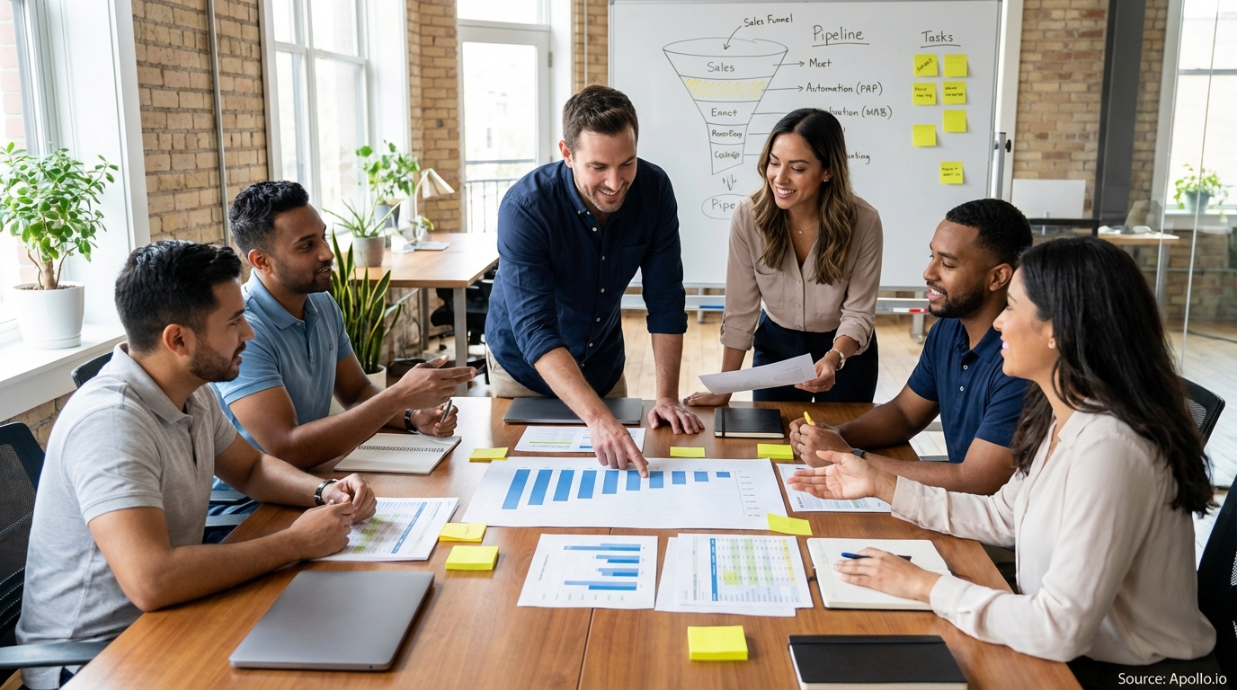 Sales professionals discussing strategy around a conference table in a team planning session