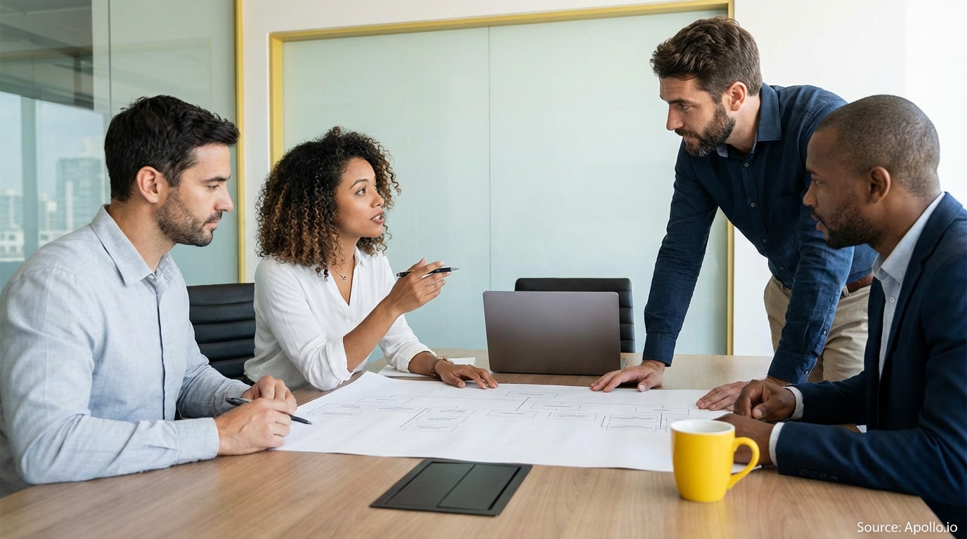 Four professionals discuss a large paper diagram on a table in a modern office.