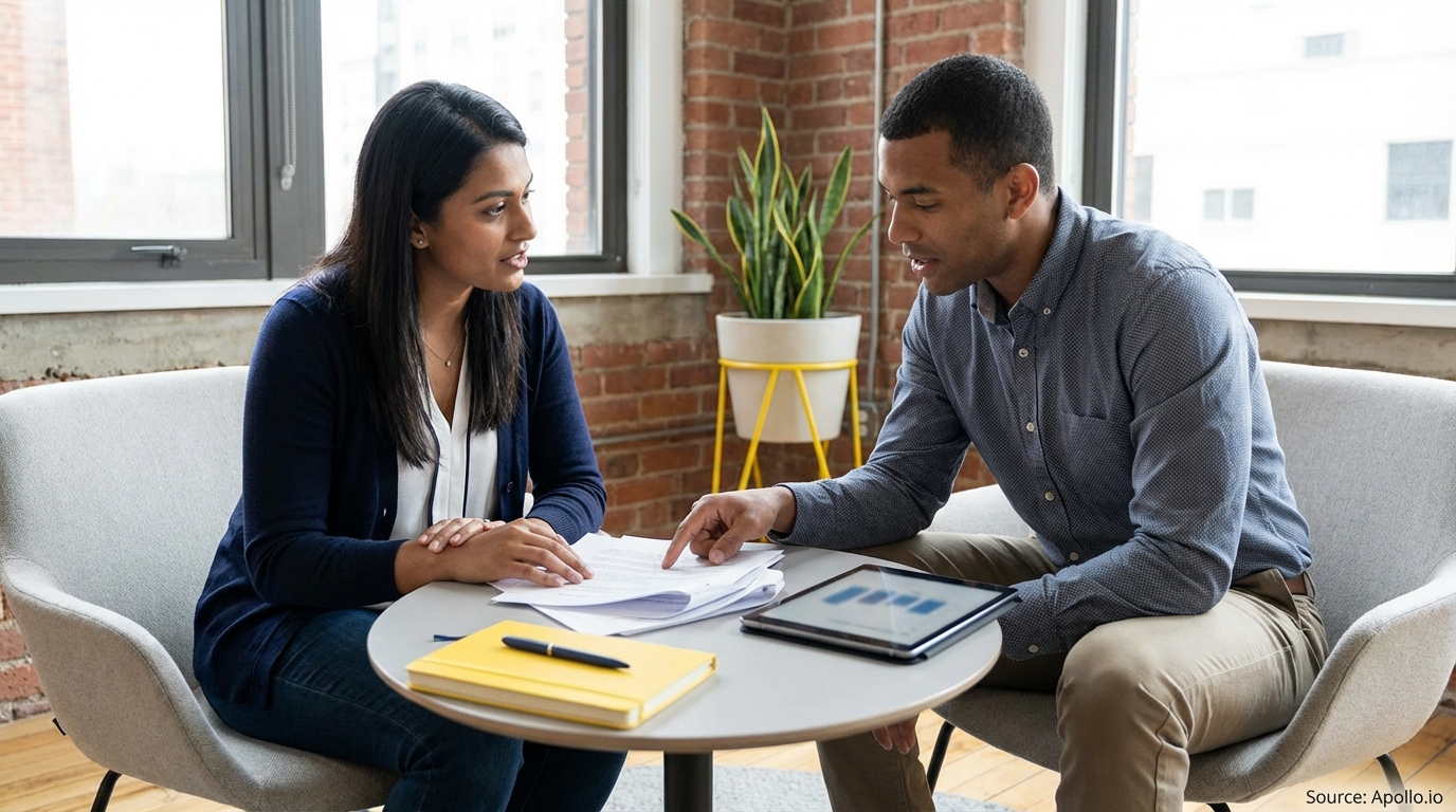 Two professionals analyze documents and digital charts during a business discussion.