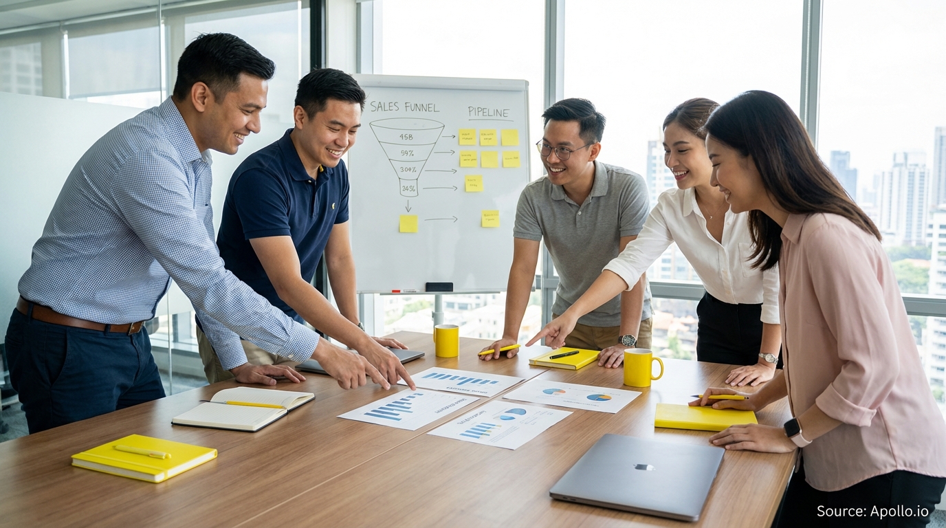 Sales professionals discussing strategy around a conference table in a sales team meeting