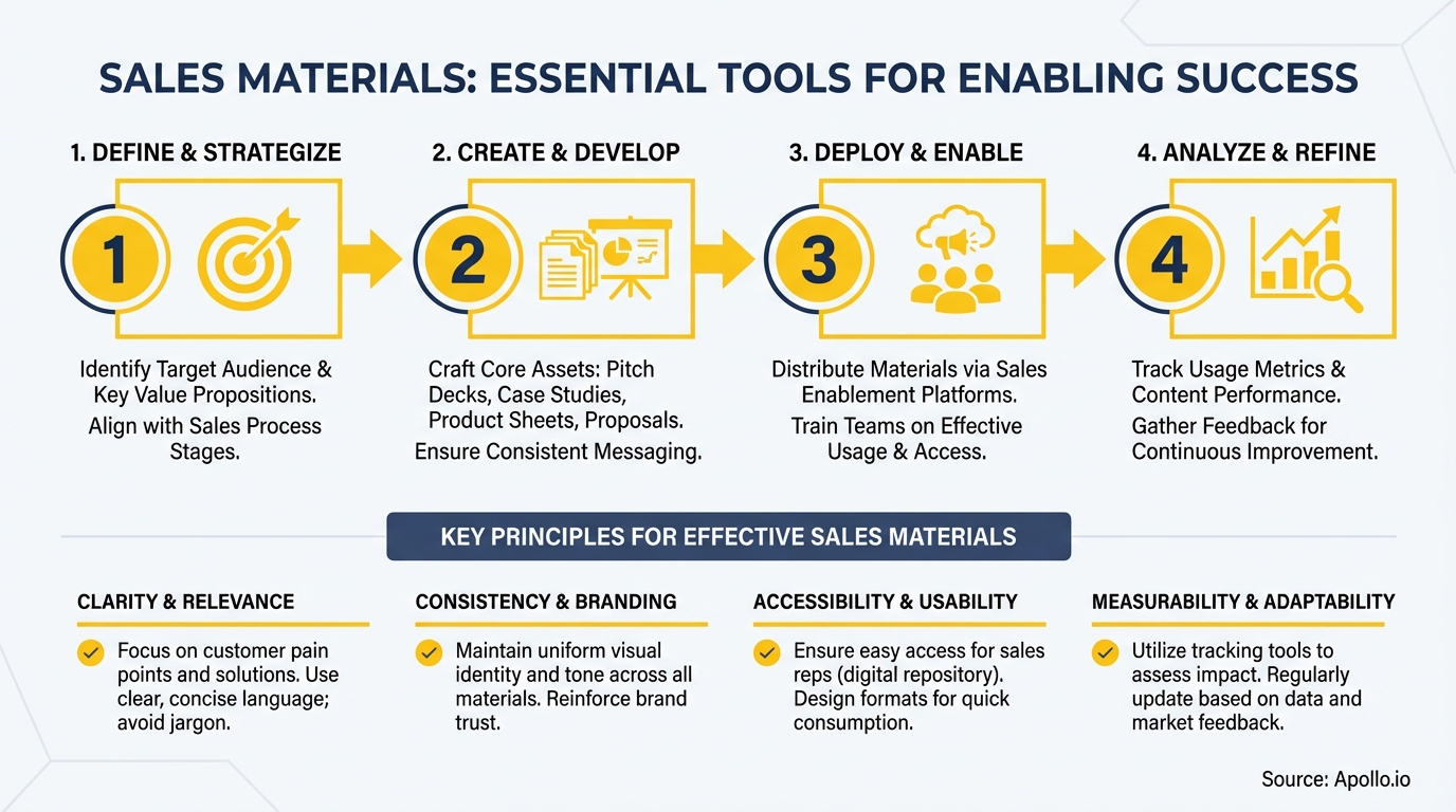 Infographic outlining a 4-step sales material process and 4 key principles for effectiveness.