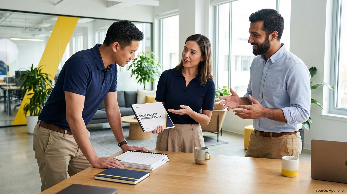 Three professionals discuss a sales framework document at a modern office table.