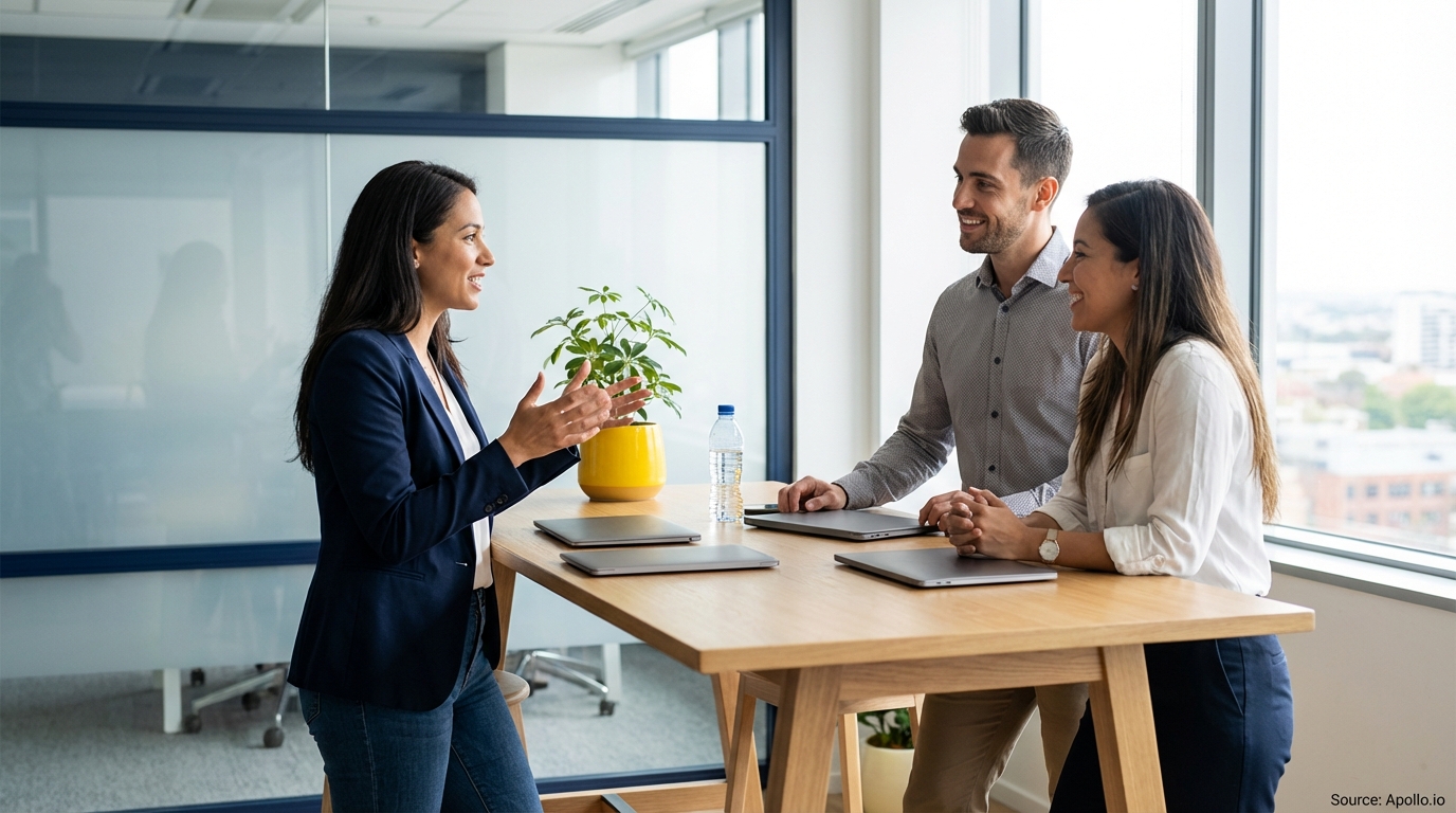 Three professionals having an animated discussion at a modern office standing table.