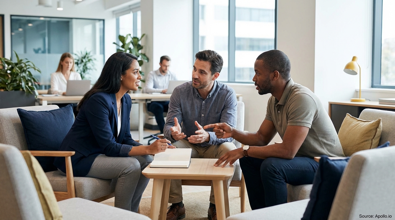 Three professionals discuss ideas in a comfortable, modern office lounge area.