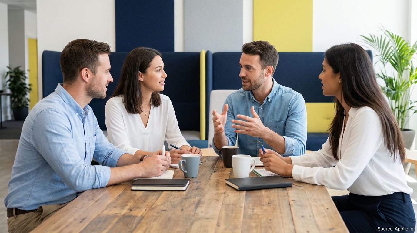 Four professionals discuss at a wooden table in a modern, colorful office setting.