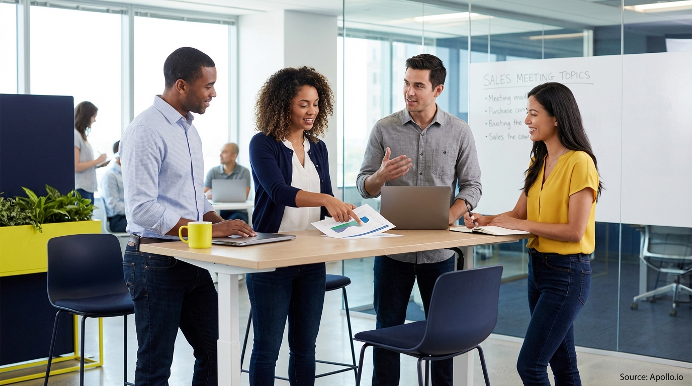 Sales team collaborating in a modern open-plan office in a sales team meeting