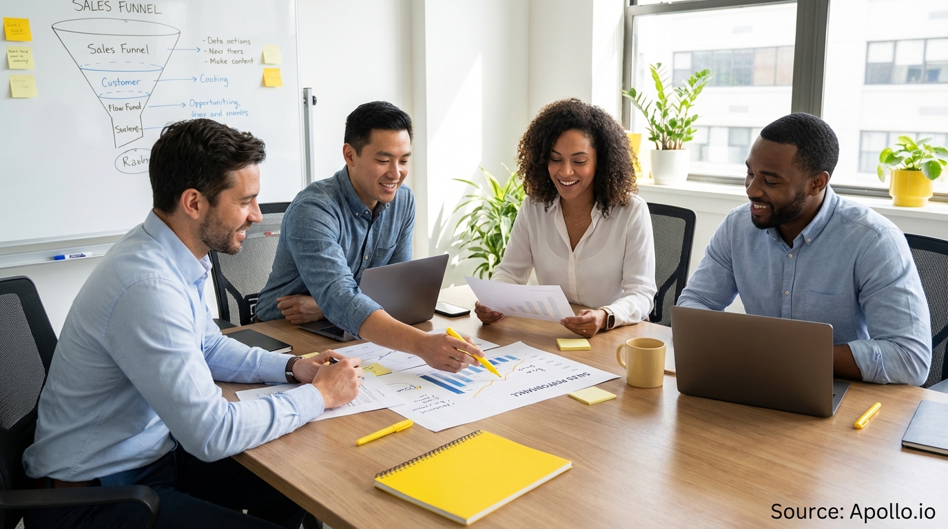 Sales professionals discussing strategy around a conference table in a sales team meeting