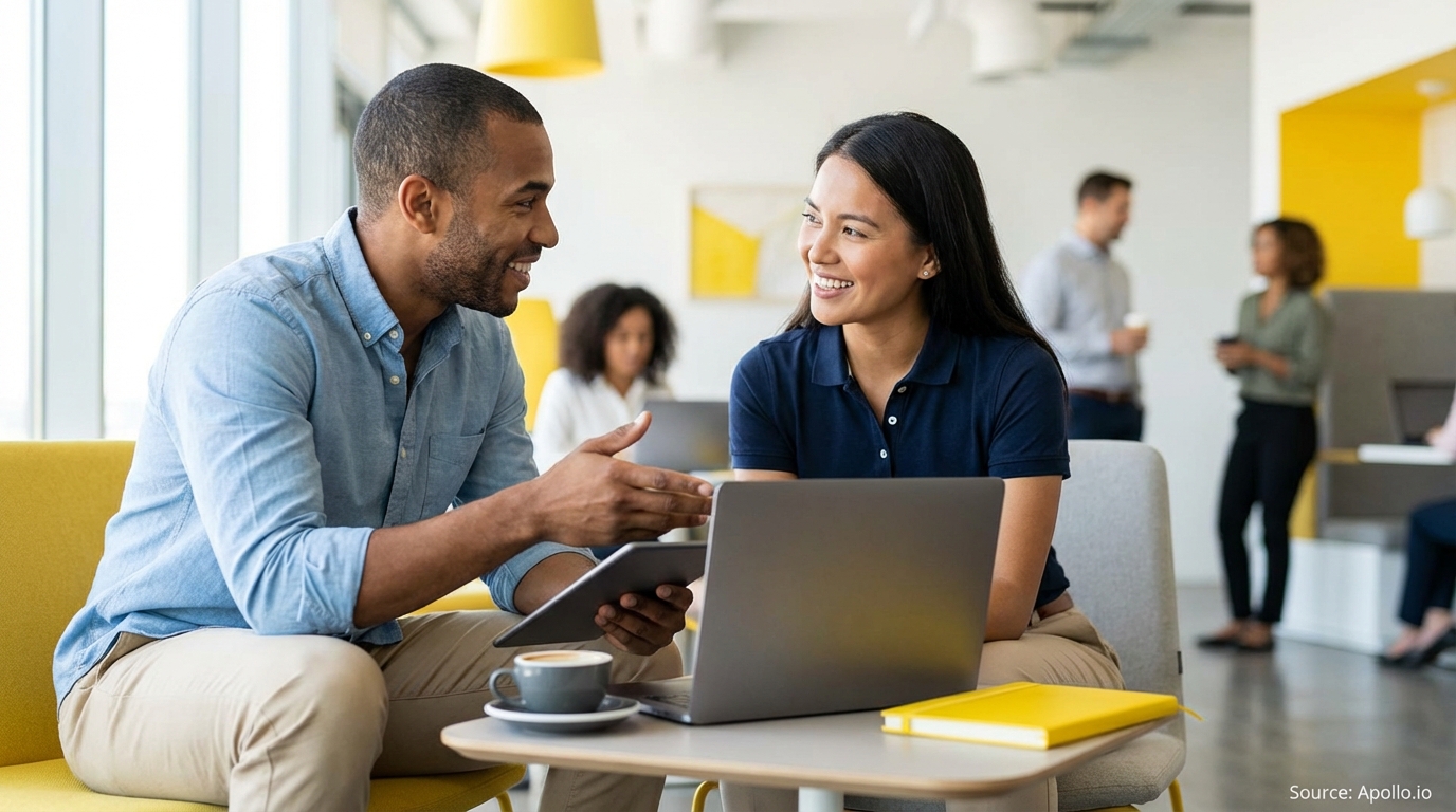 Two smiling colleagues discuss business with devices in a modern, open office.