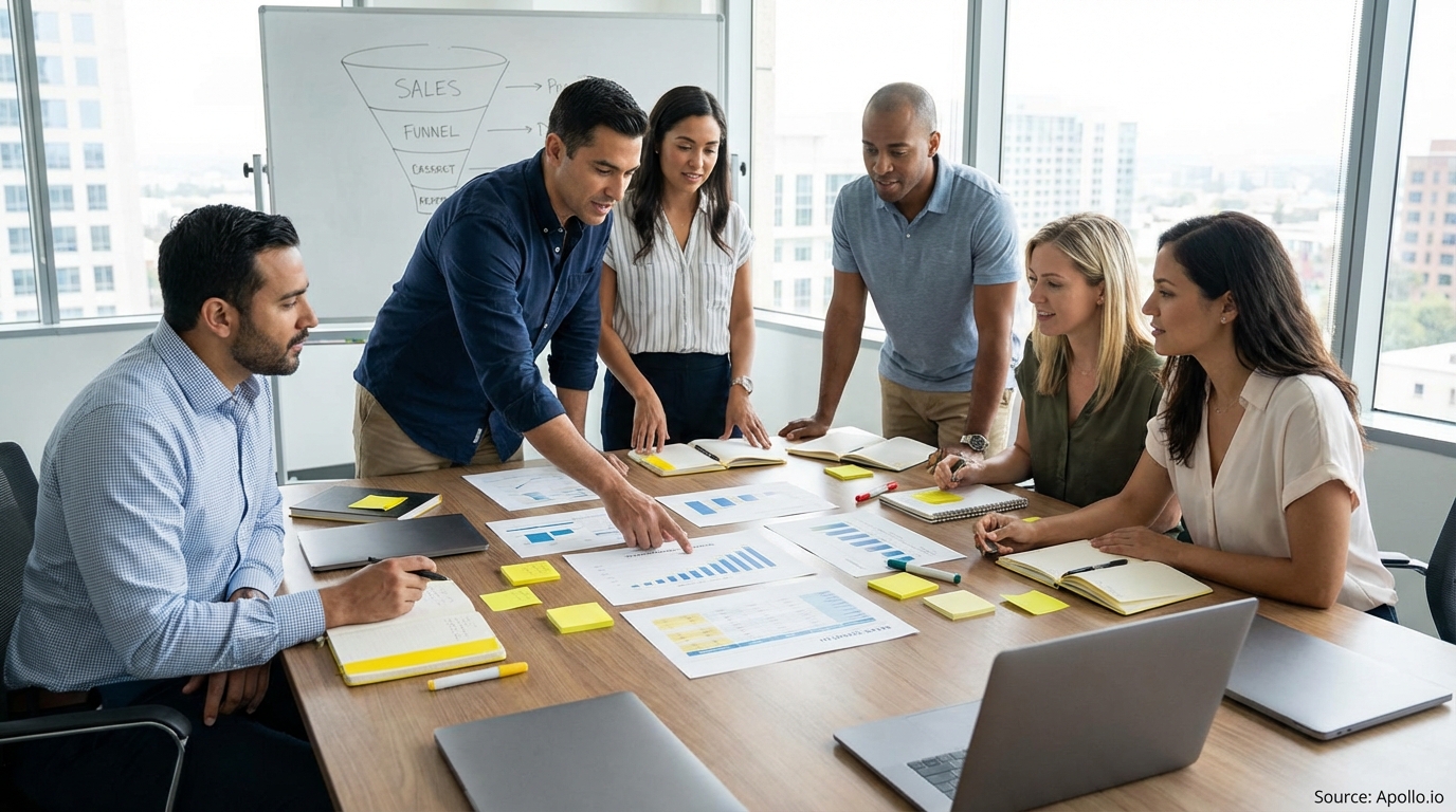 Sales professionals discussing strategy around a conference table in a sales team meeting