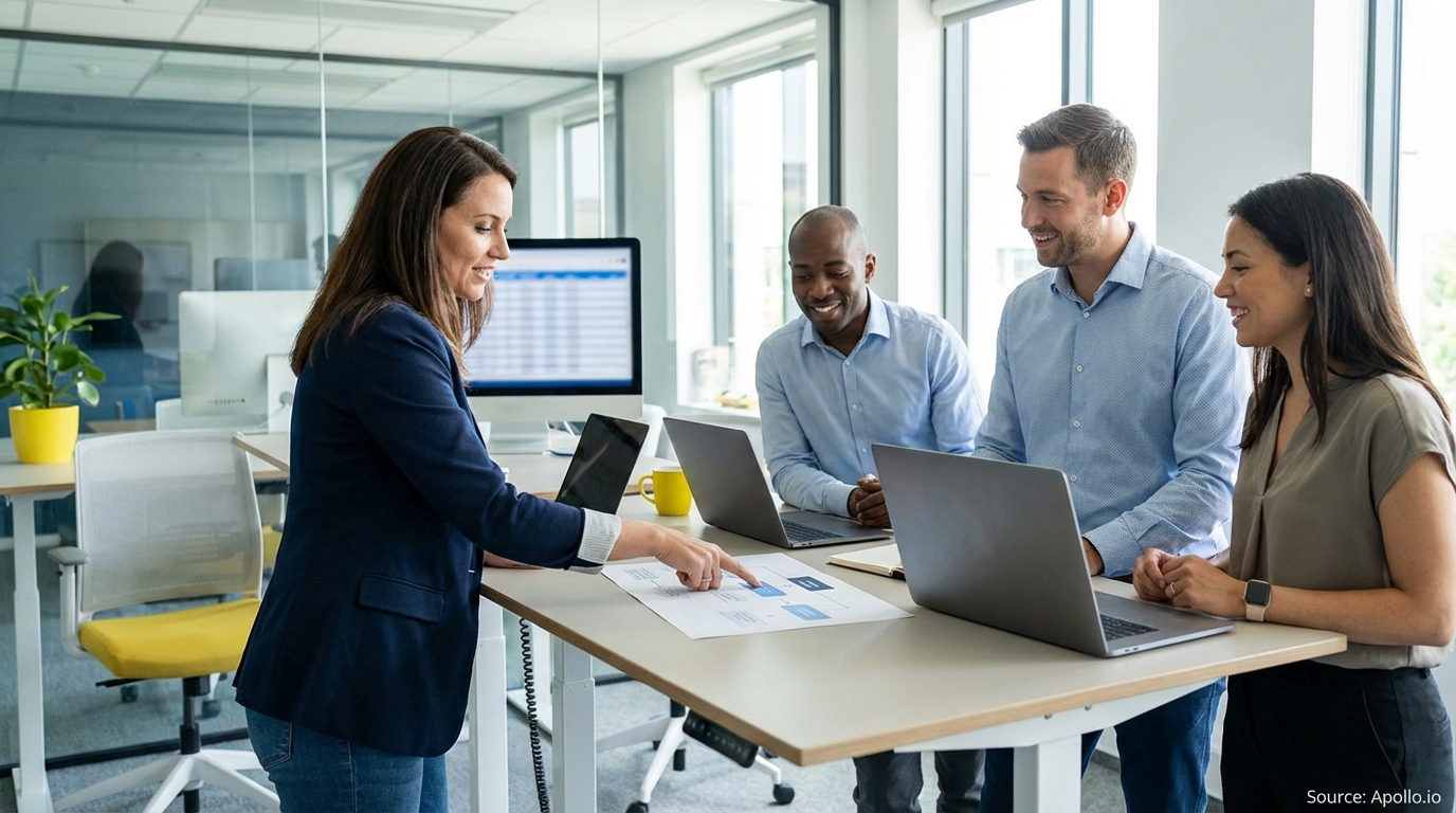 Sales team collaborating in a modern open-plan office in a sales team meeting