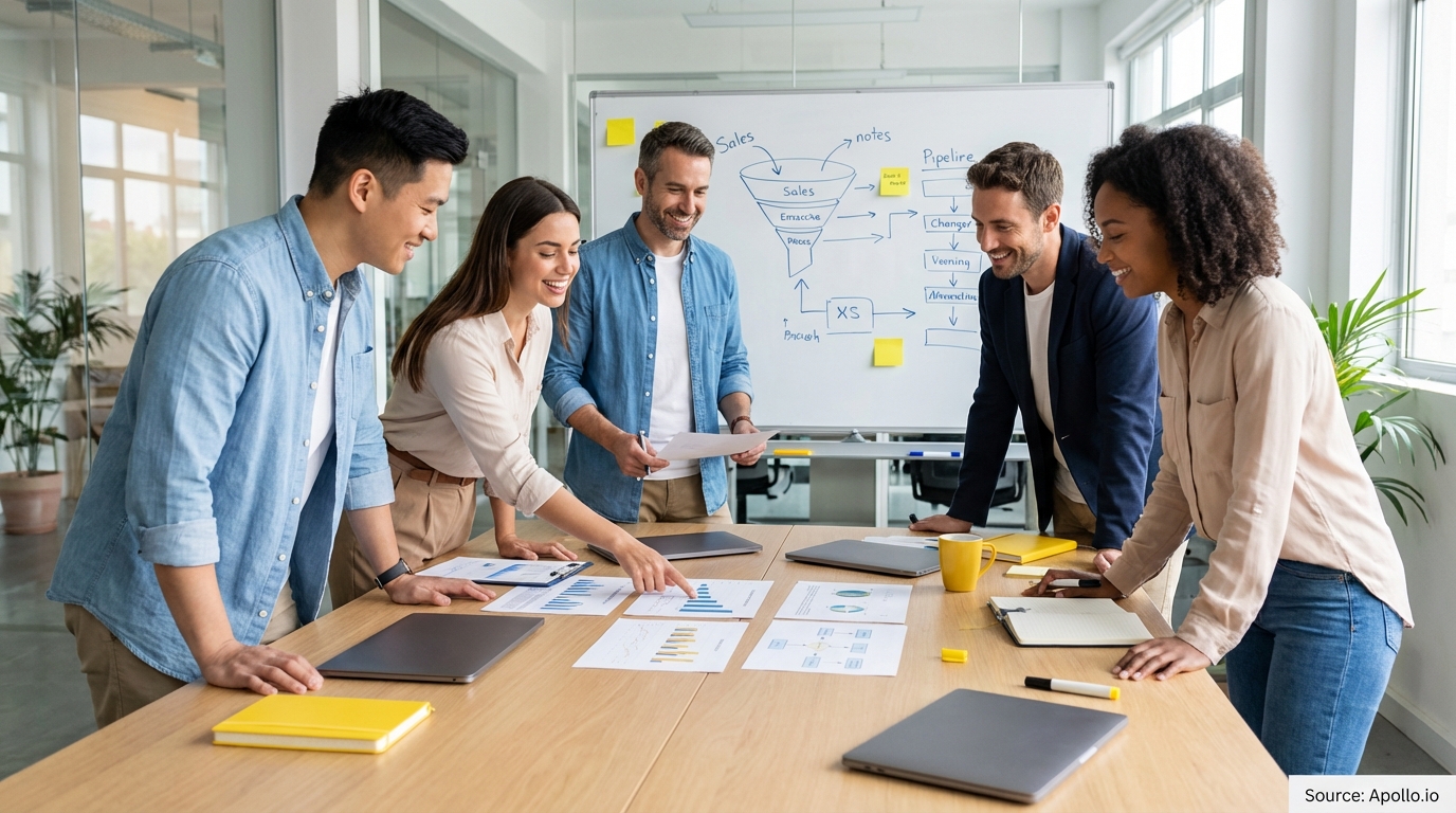 Sales professionals discussing strategy around a conference table in a sales team meeting