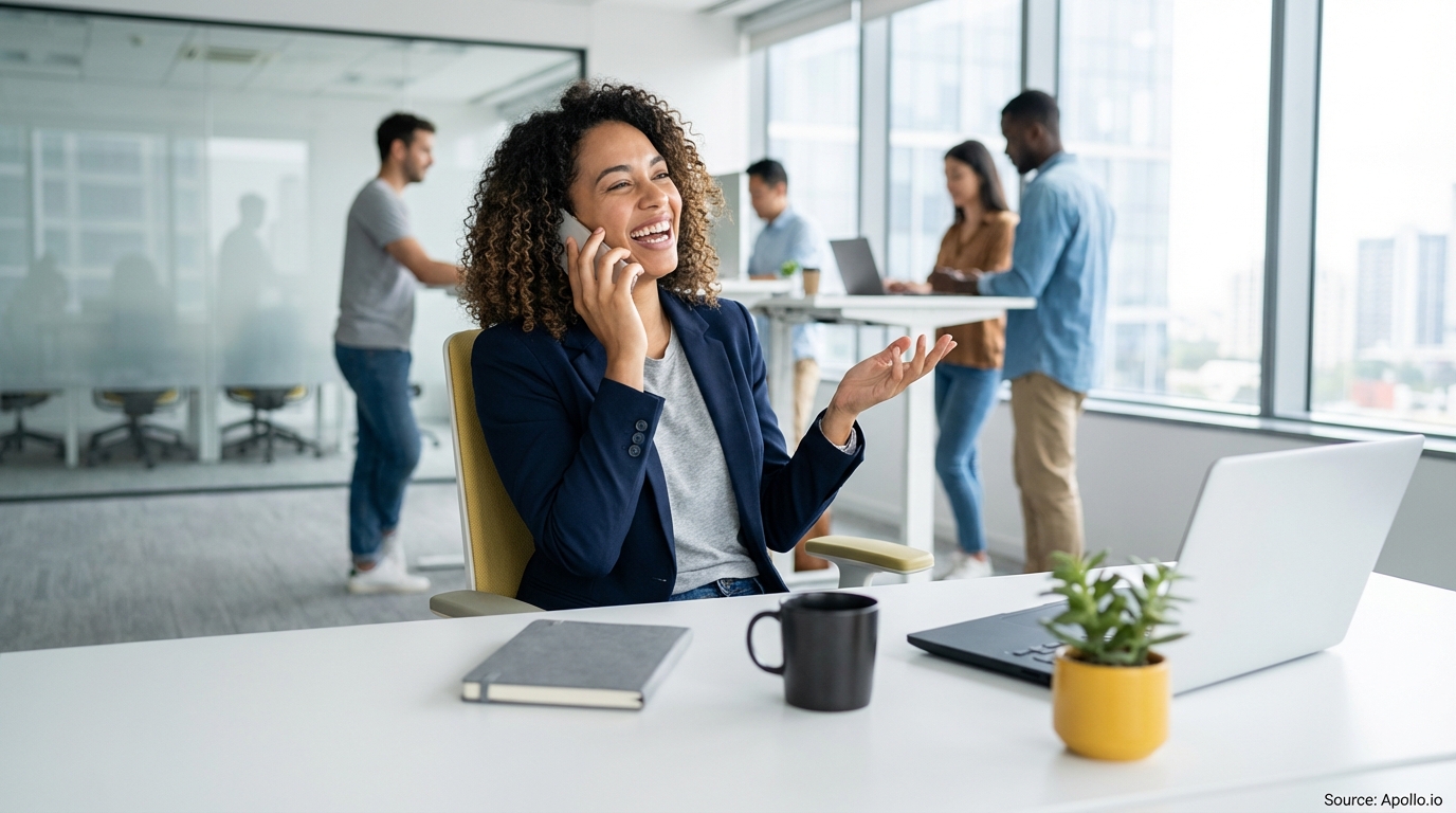 Smiling woman on phone in modern office with colleagues working in background.