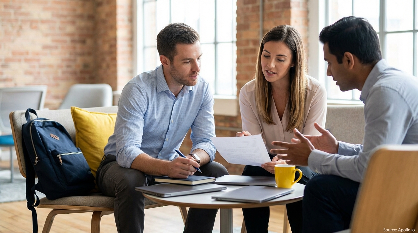 Three colleagues discuss documents at a table in a modern office lounge.