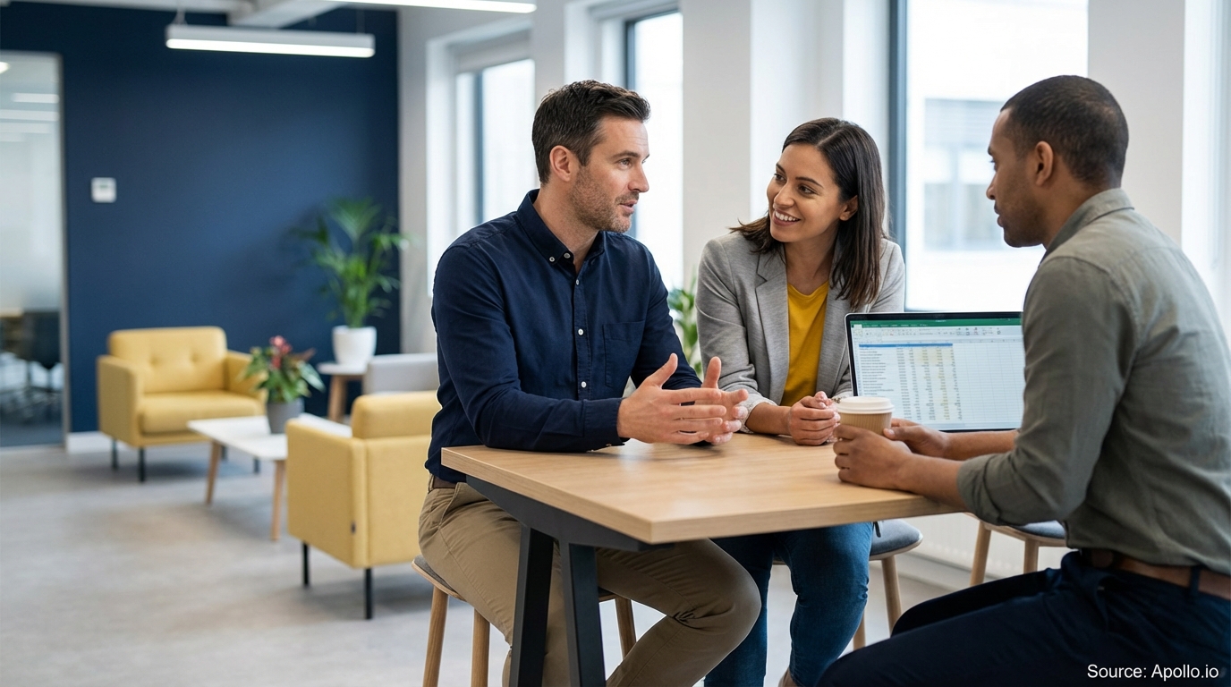 Three professionals discuss sales data on a laptop at a modern office table.