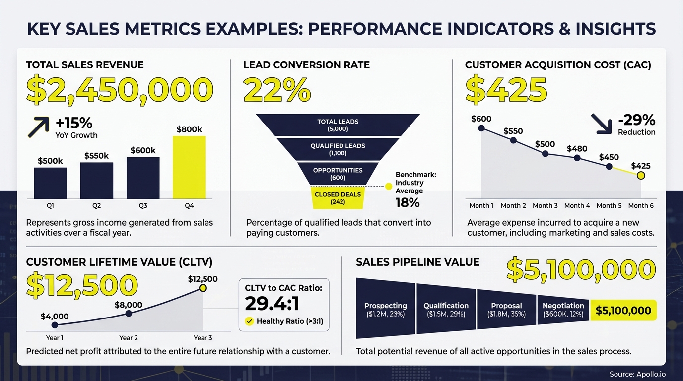 Sales dashboard showing total revenue, lead conversion, customer acquisition cost, and lifetime value.