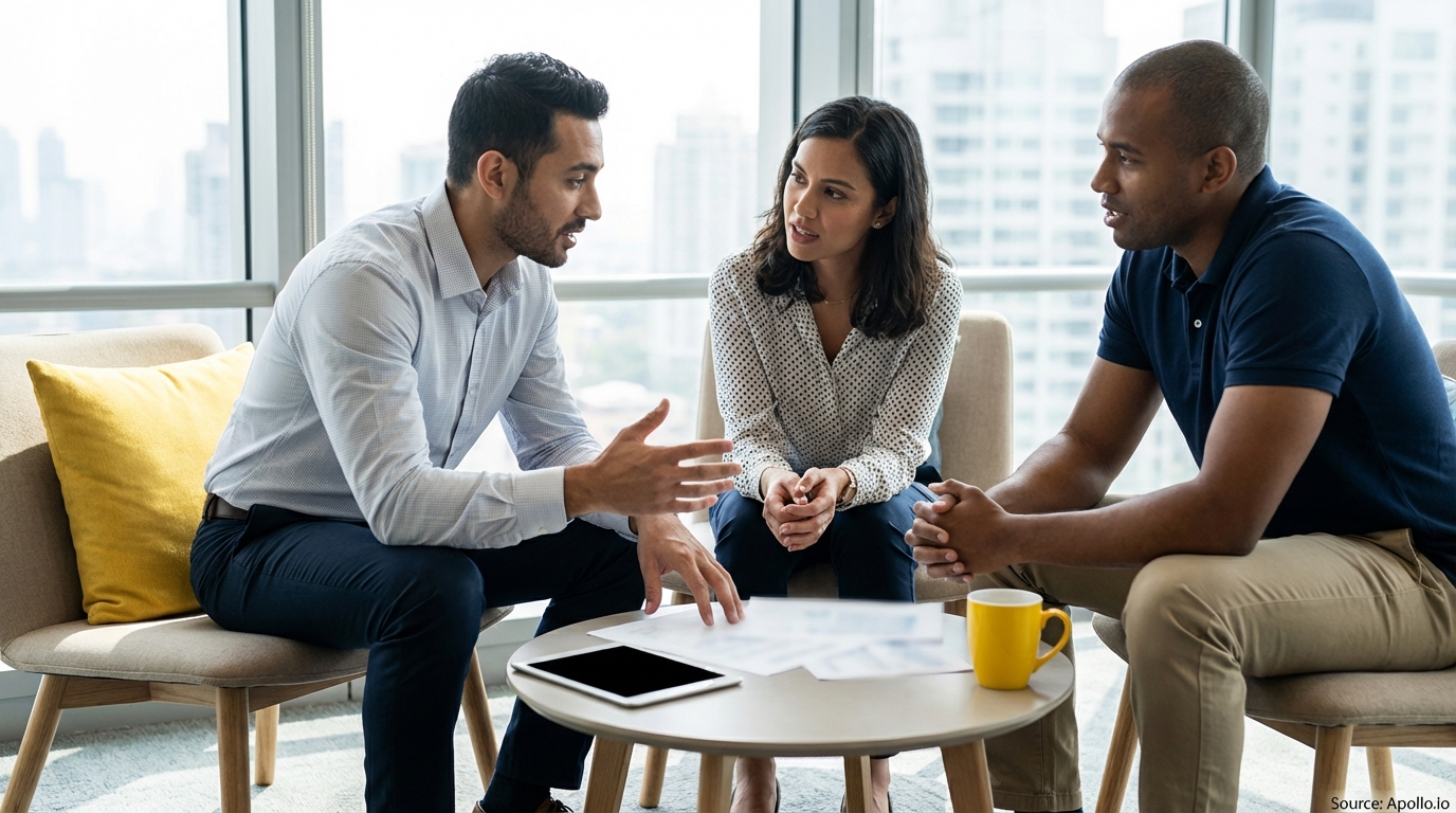 Three professionals discuss work at a small table in a bright, modern office.