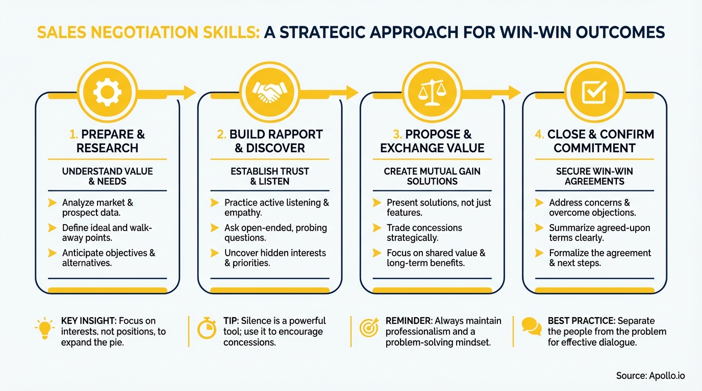 A four-step flowchart illustrating strategic sales negotiation skills for win-win outcomes.