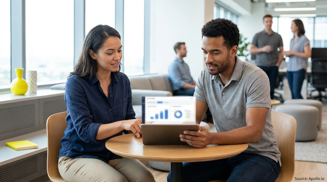 Two coworkers review charts on a tablet in a modern office.