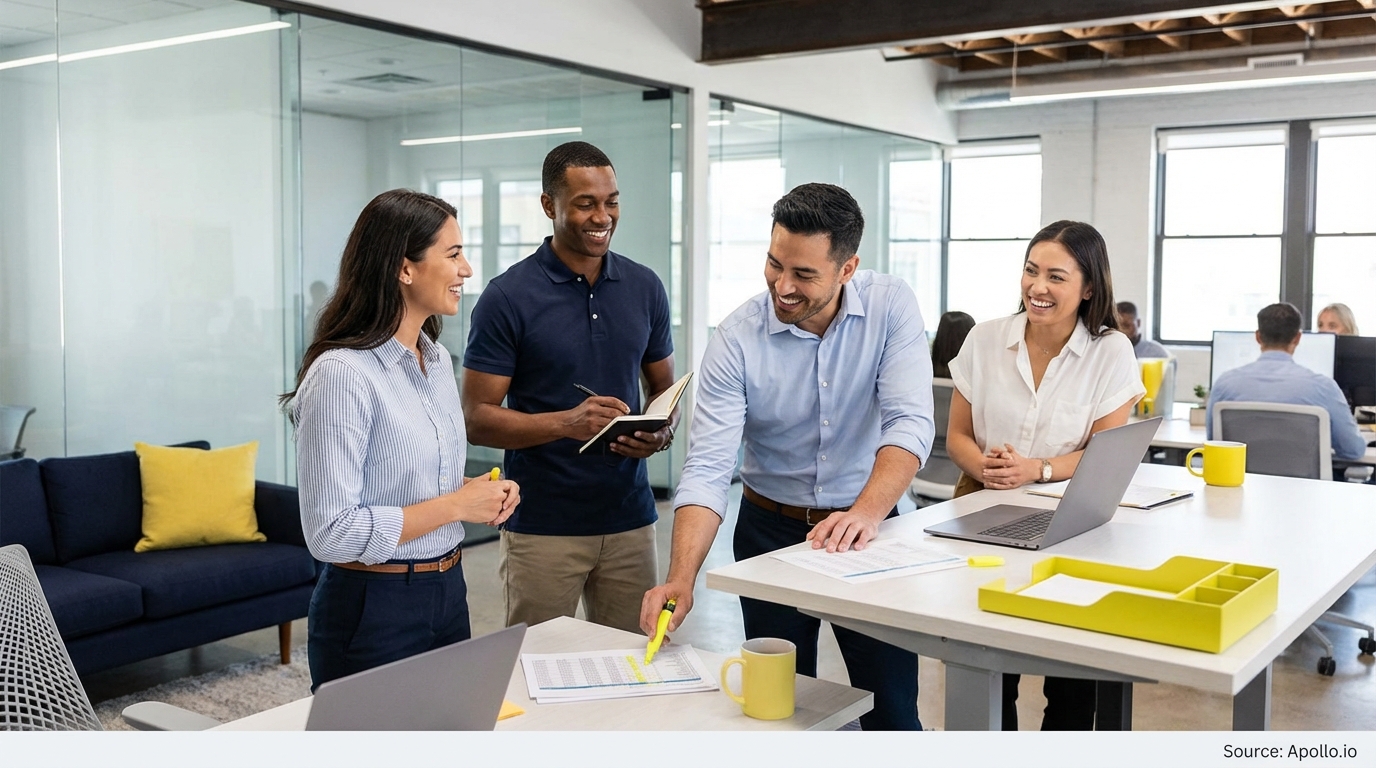 Sales team collaborating in a modern open-plan office in a sales team meeting