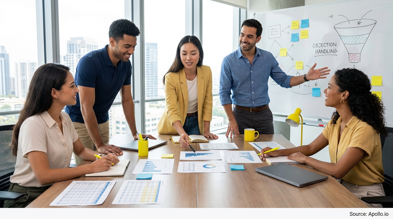 Sales professionals discussing strategy around a conference table in a sales team meeting
