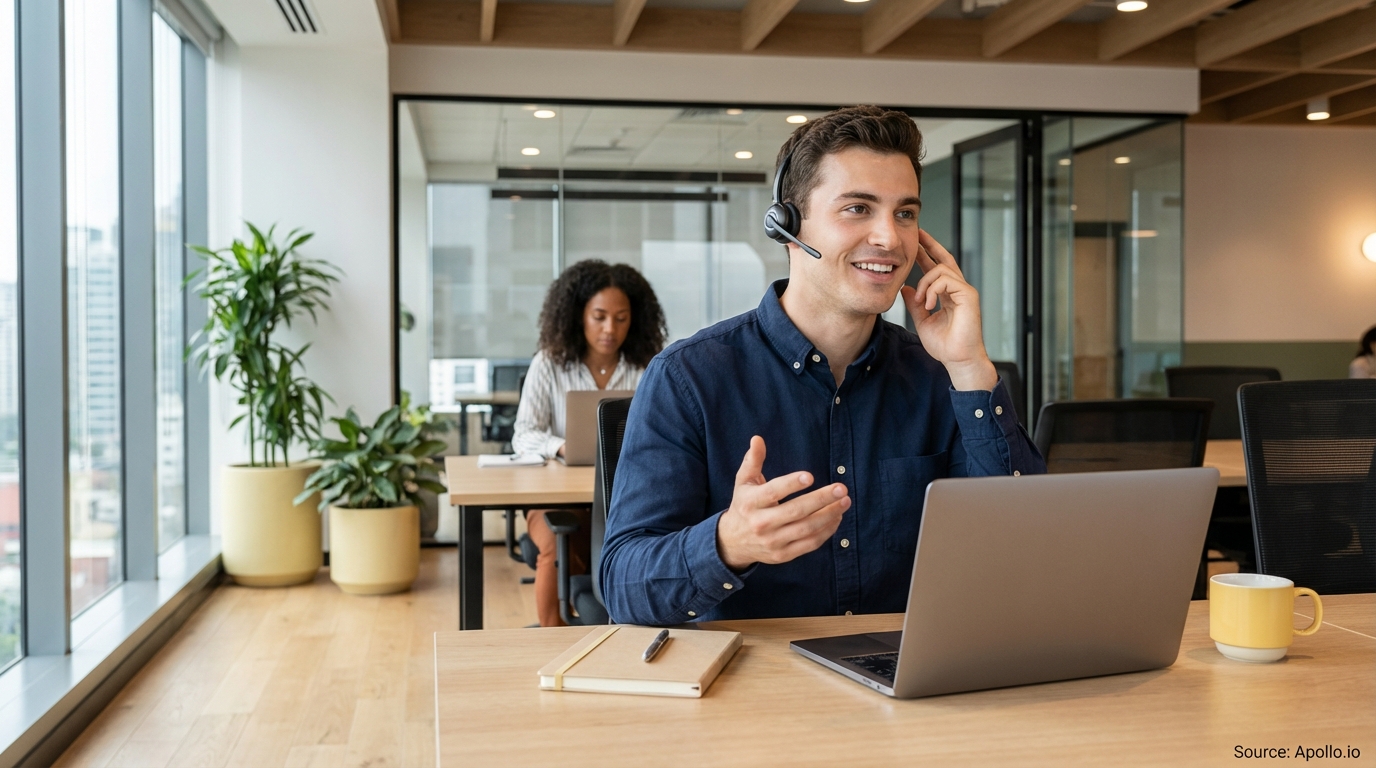 Man with headset talks at laptop in a bright, modern office with a coworker.