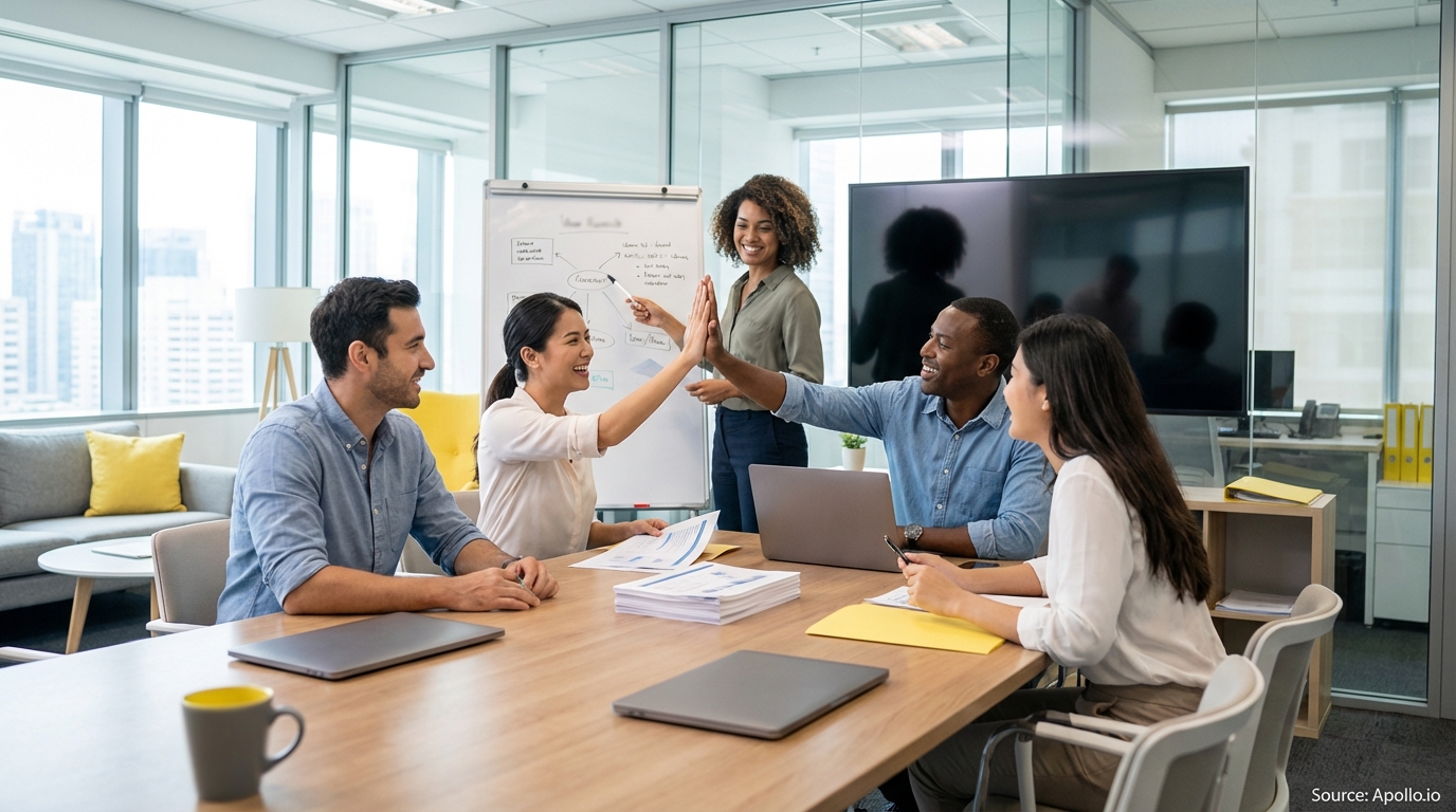 Sales team collaborating in a modern open-plan office in a sales team meeting