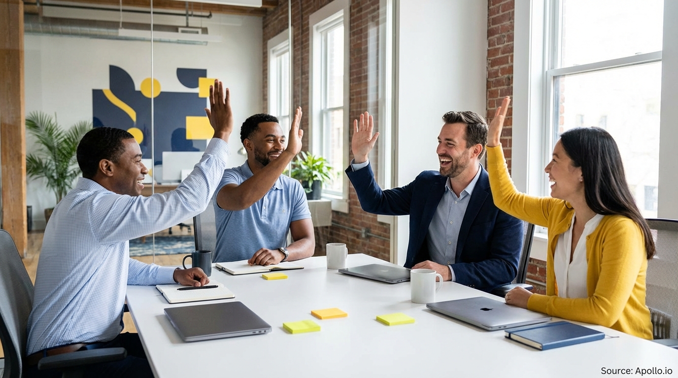 Sales professionals celebrating a team win with high-fives in a sales team meeting