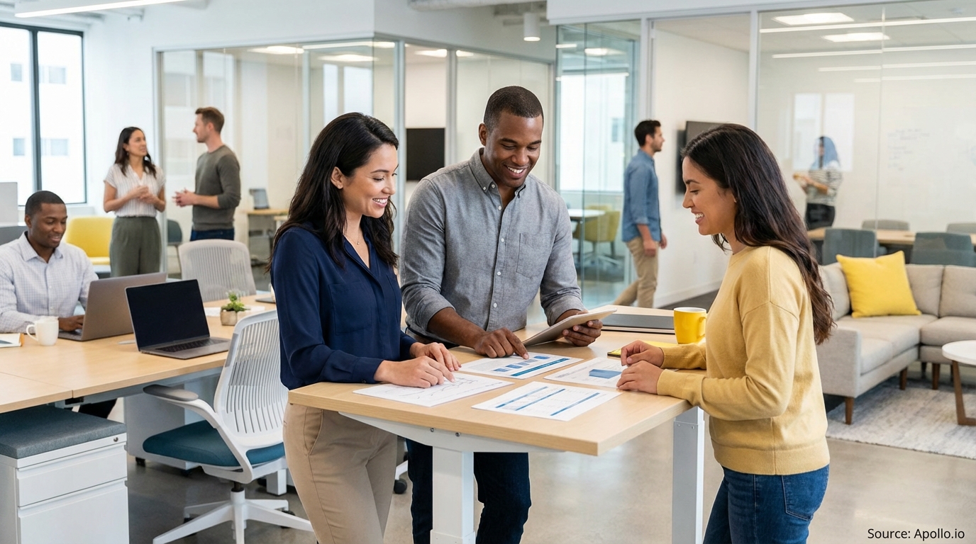 Sales team collaborating in a modern open-plan office discussing compensation strategies