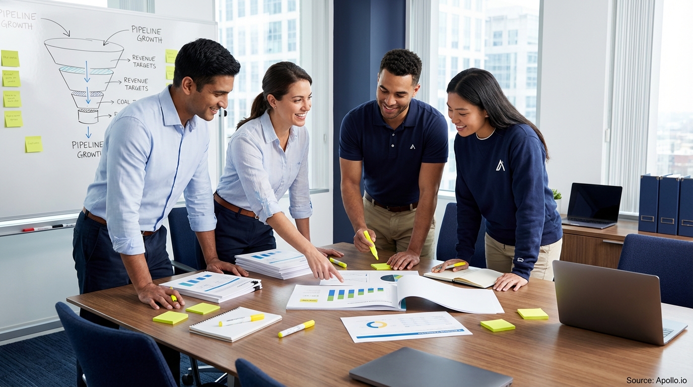 Sales professionals discussing strategy around a conference table discussing compensation strategies
