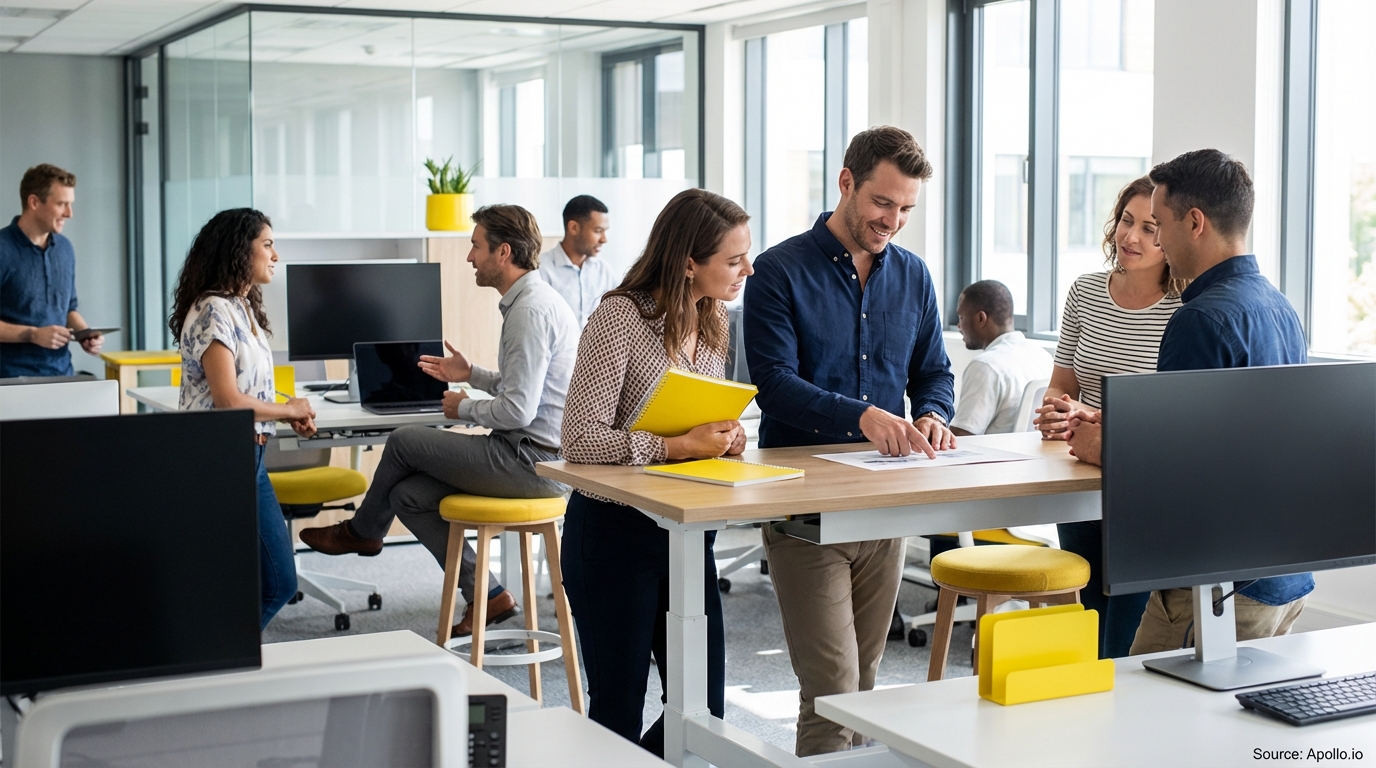 Sales team collaborating in a modern open-plan office in a team planning session