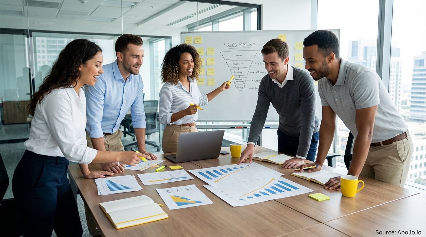 Sales professionals discussing strategy around a conference table in a team planning session