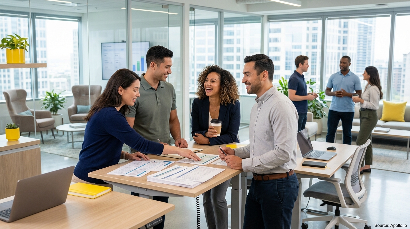 Sales team collaborating in a modern open-plan office discussing compensation strategies