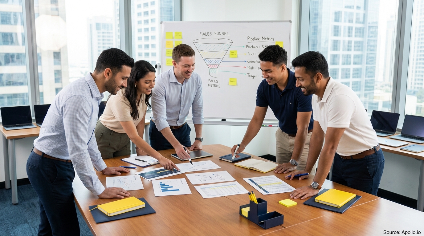 Sales professionals discussing strategy around a conference table discussing compensation strategies