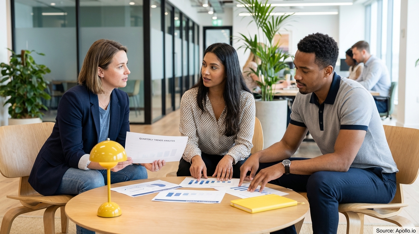 Three diverse professionals analyze quarterly trends and data in a modern office setting.