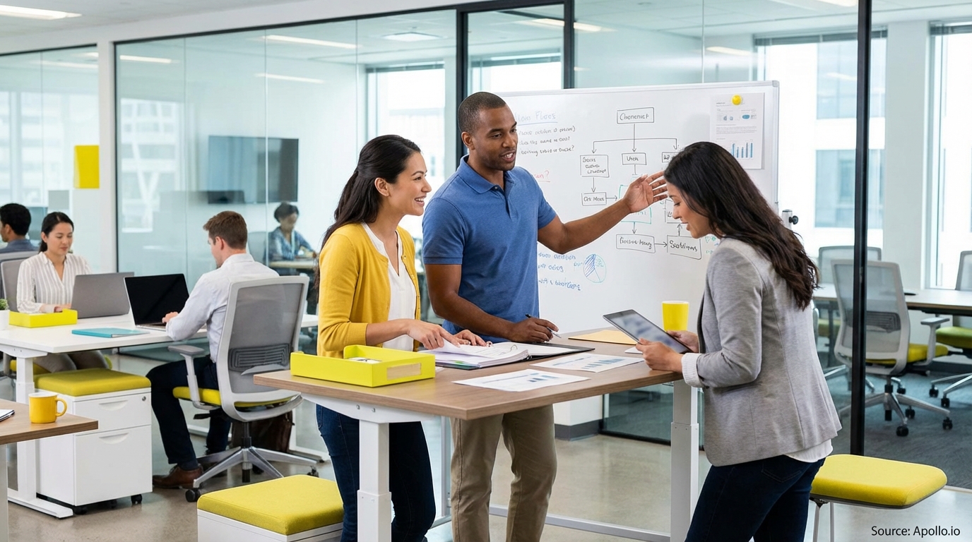 Sales team collaborating in a modern open-plan office in a sales team meeting