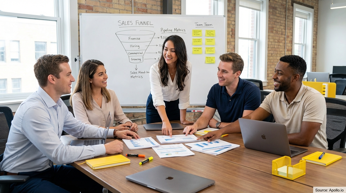 Sales professionals discussing strategy around a conference table in a sales team meeting