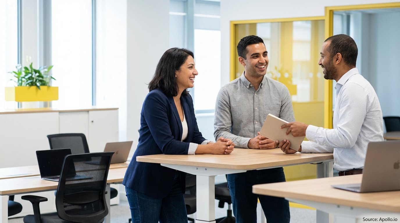 Three smiling professionals discuss documents at a modern standing desk.