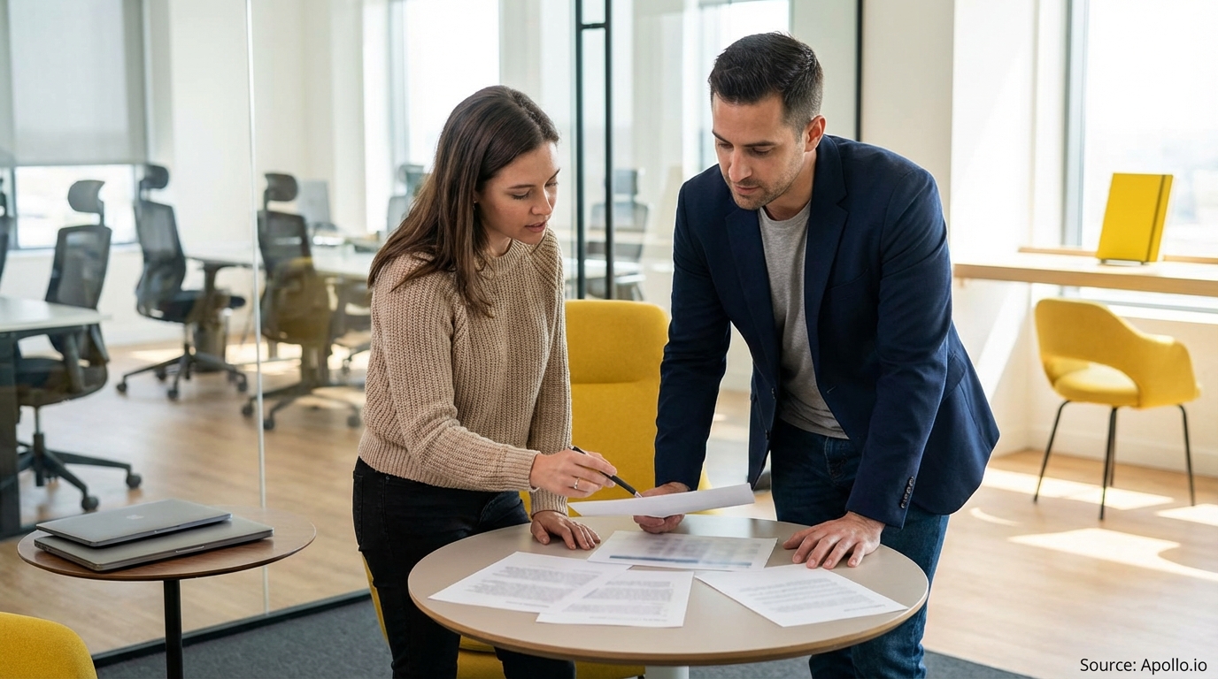 Two professionals stand discussing documents at a round table in a modern office.
