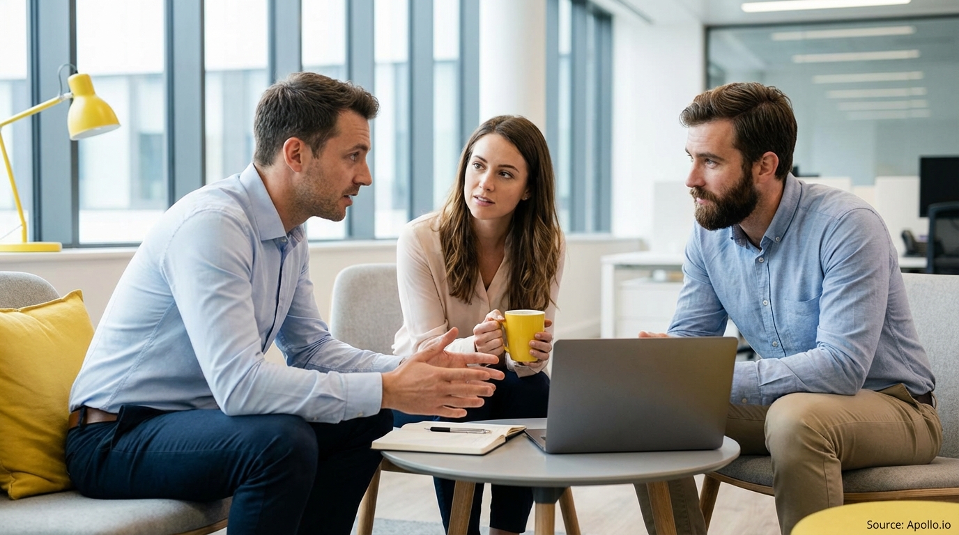 Three colleagues meeting at a modern office table with a laptop.