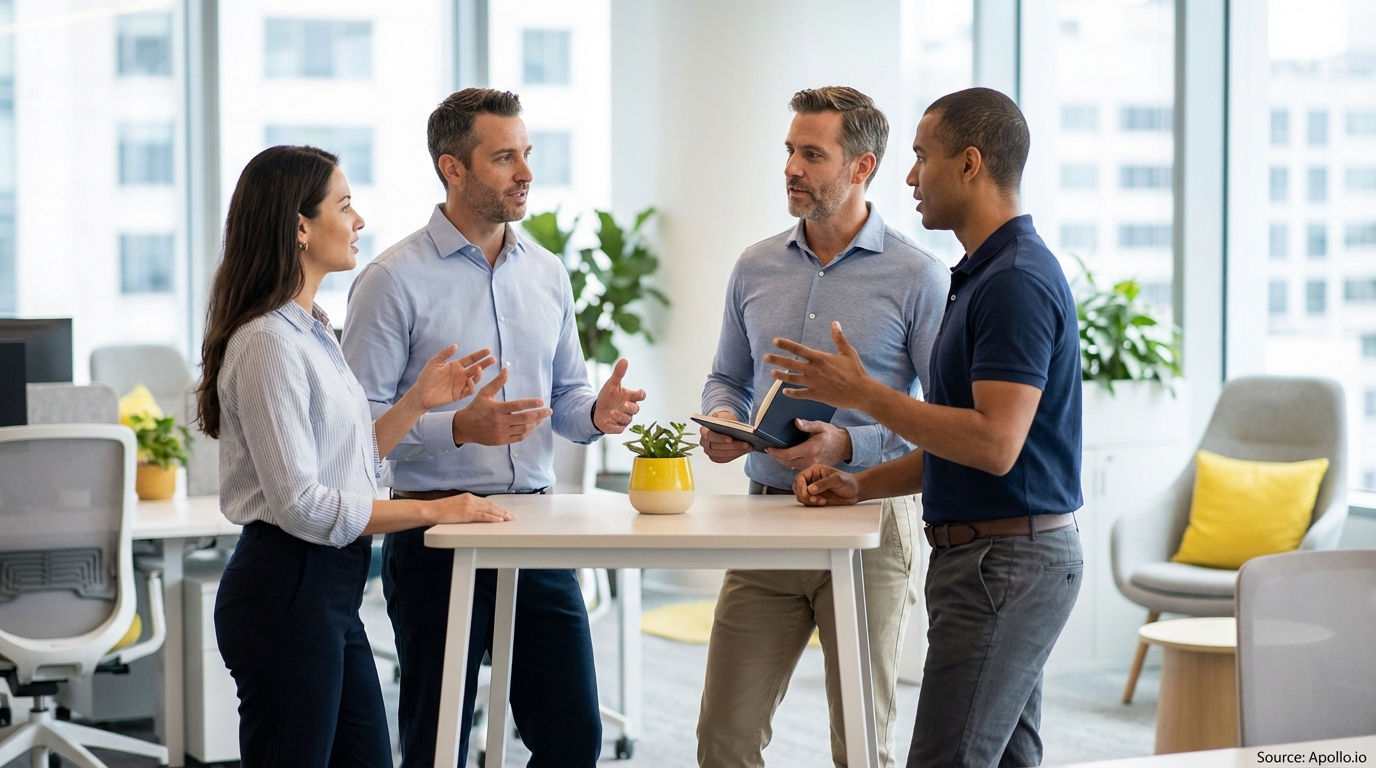 Four business professionals stand around a table, discussing and gesturing in a modern office.