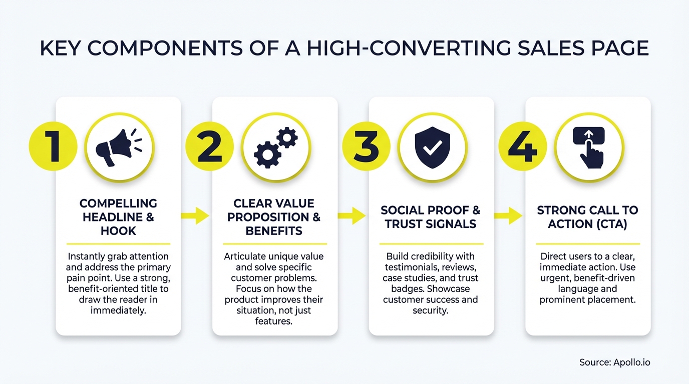 Infographic summarizing key sales strategy with actionable steps