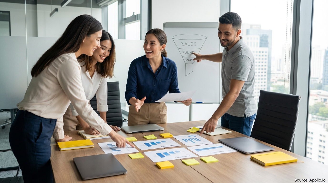 Sales professionals discussing strategy around a conference table in a sales team meeting
