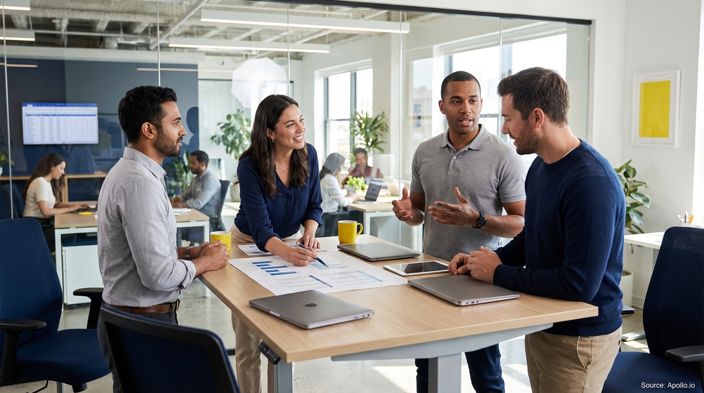 Sales team collaborating in a modern open-plan office in a sales team meeting