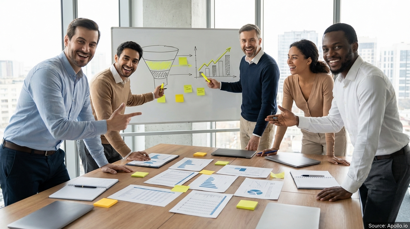 Sales professionals discussing strategy around a conference table in a sales team meeting