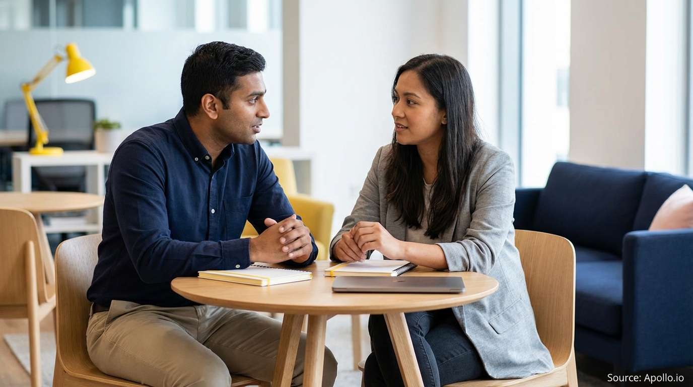 Two professionals discuss work at a modern office table with notebooks and a laptop.