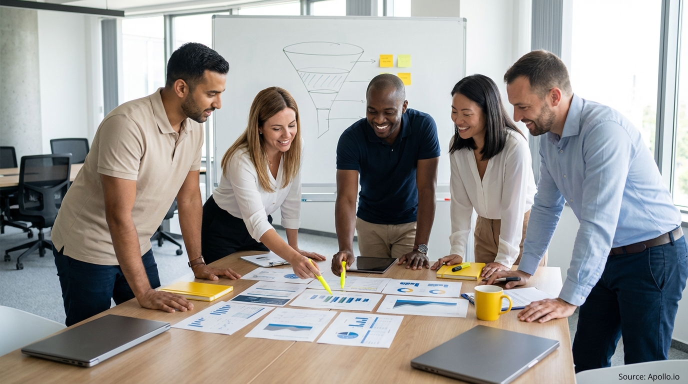 Sales professionals discussing strategy around a conference table evaluating sales technology options