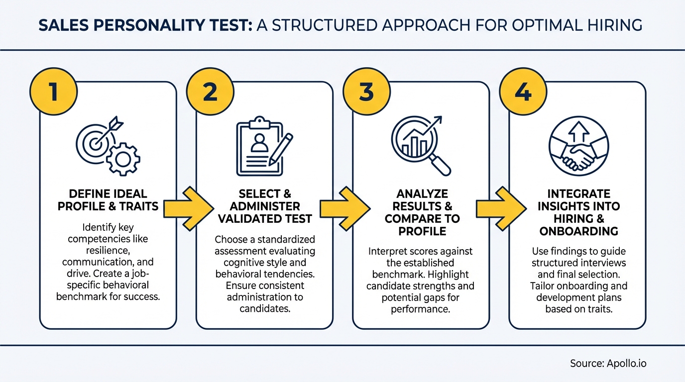 A four-step process flowchart illustrates sales personality testing for optimal hiring and onboarding.
