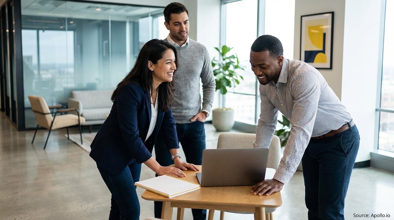 Three professionals lean over a laptop, smiling and collaborating in a modern office.