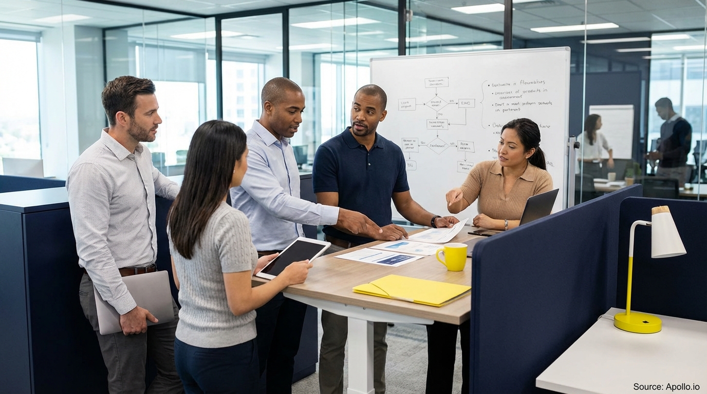 Sales team collaborating in a modern open-plan office analyzing sales pipeline